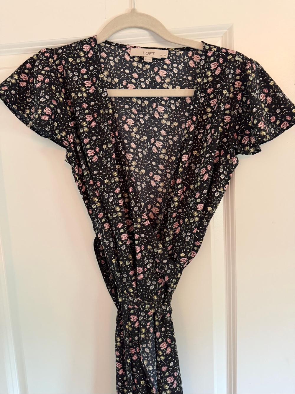 LOFT Black Floral Dress with Pink & Cream Flowers